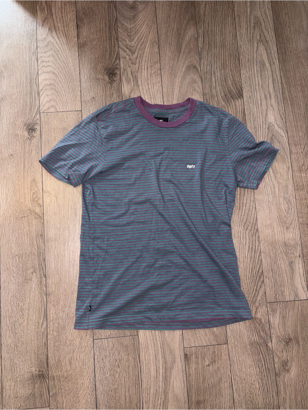 Obey Blue Striped Short Sleeve Tee with Purple Collar